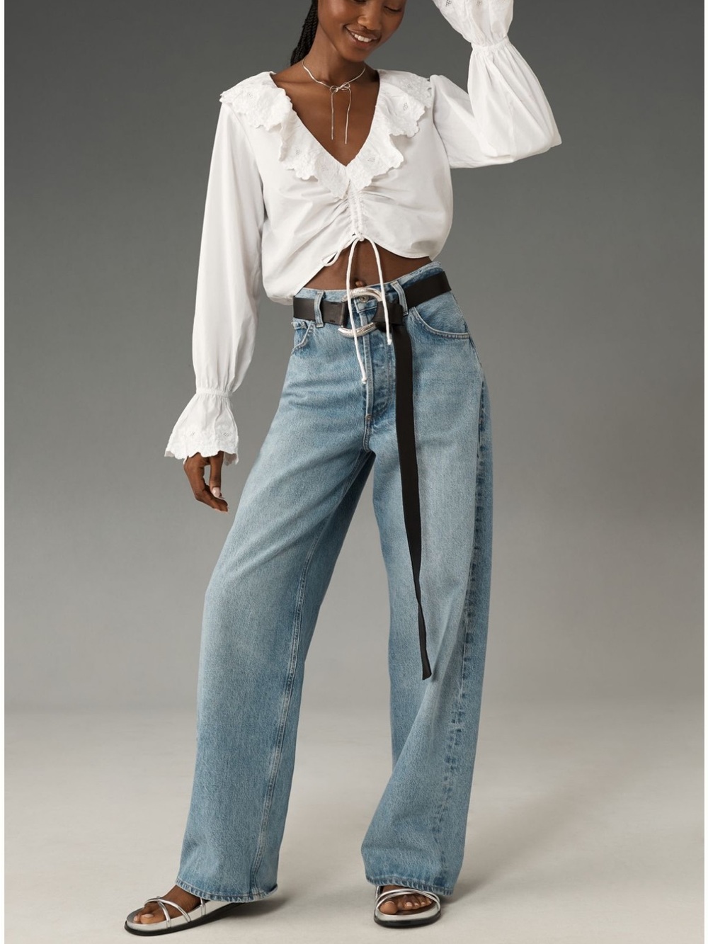 White Eyelet Ruffle V-Neck Drawstring Blouse - Picture 3 of 4